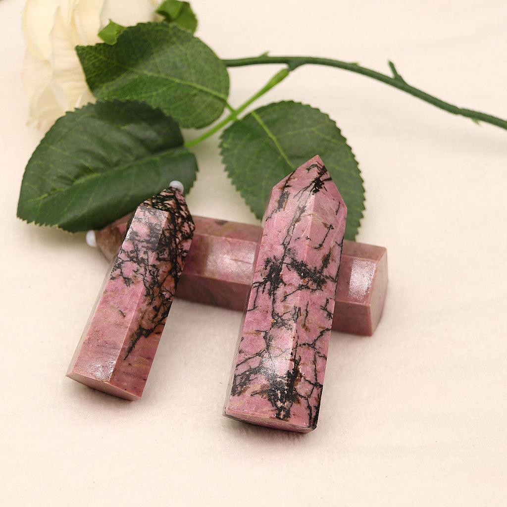 Natural crystal pillar single pointed rose stone pillar original stone polished single pointed hexagonal pillar ornaments