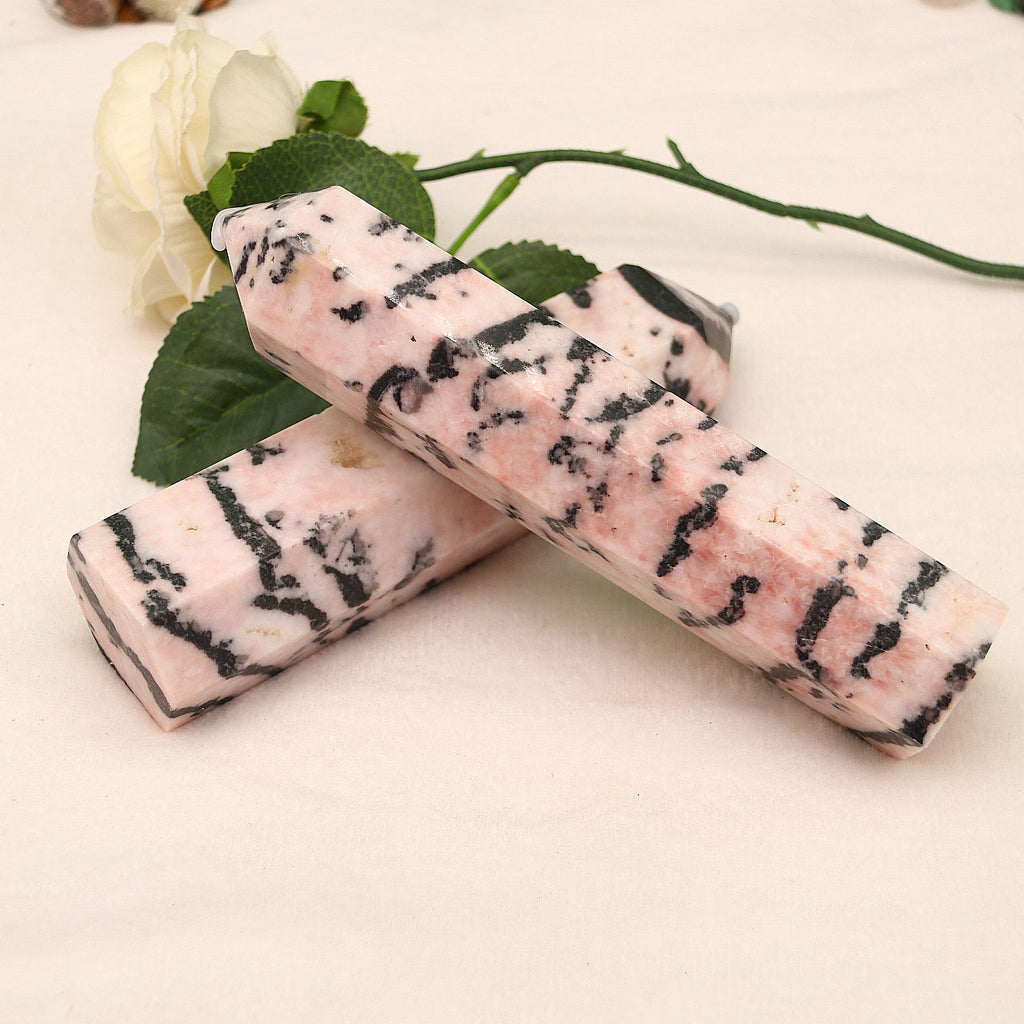 Natural crystal pillar single double pointed pink zebra pillar original stone polished single pointed hexagonal pillar ornaments