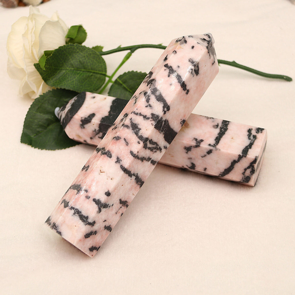 Natural crystal pillar single double pointed pink zebra pillar original stone polished single pointed hexagonal pillar ornaments