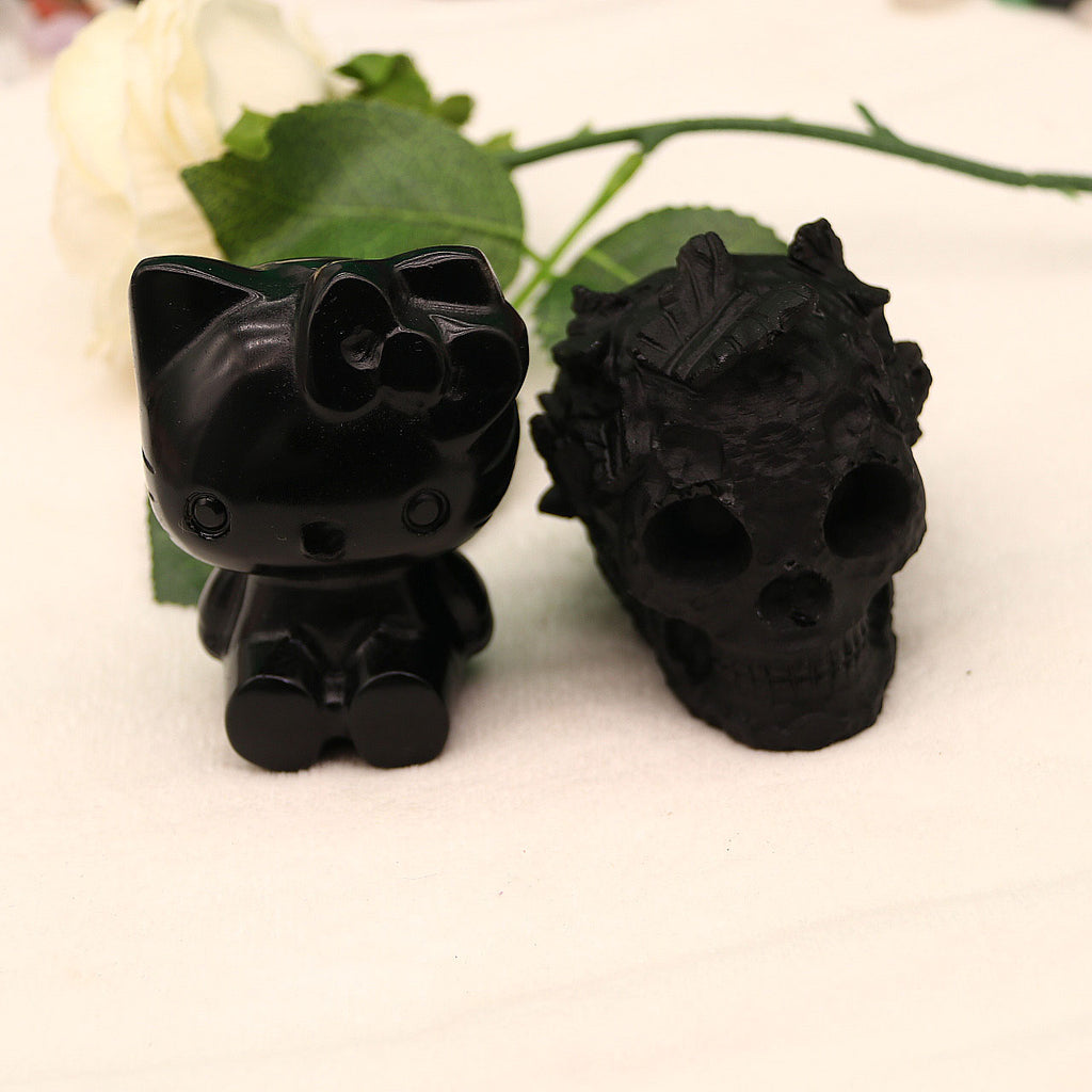 Obsidian kitty, skull hand-carved pieces