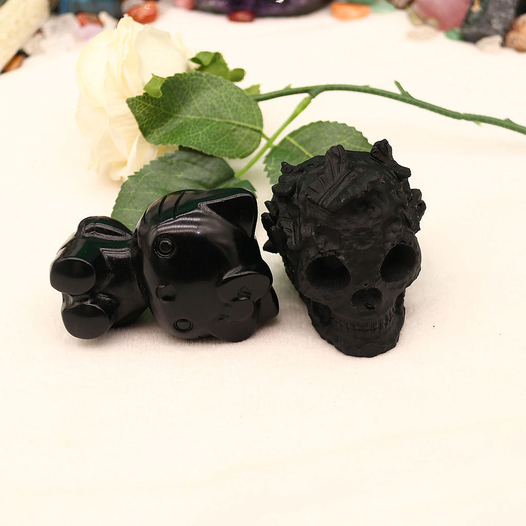 Obsidian kitty, skull hand-carved pieces