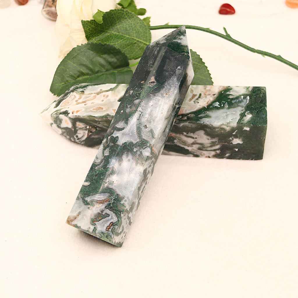 Natural Crystal Healing Stones | watercress agate crystal hexagonal column decorations watercress agate crystal dot moss