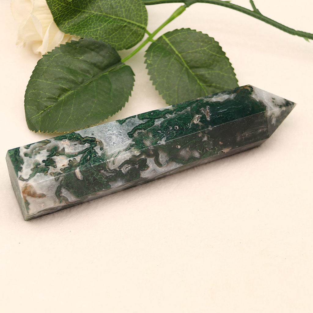 Natural Crystal Healing Stones | watercress agate crystal hexagonal column decorations watercress agate crystal dot moss