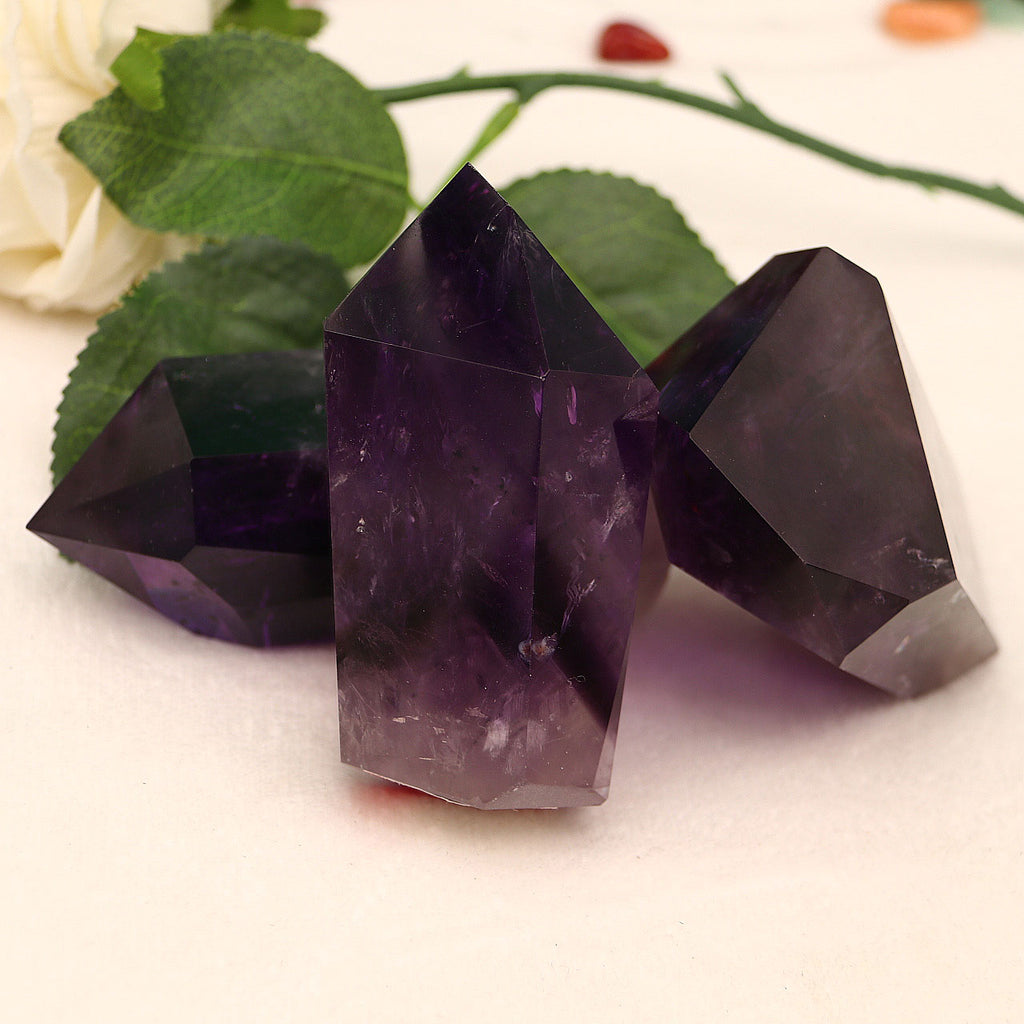 natural amethyst hexagonal crystal column tower, energy amethyst tower, aura chakra crystal